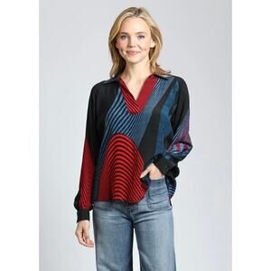 APNY Abstract Stripe Tunic Blouse Cupro Blend Red Blue Black Collared NWT | XXL